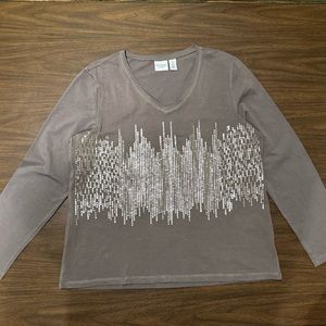 Weekends By Chico’s Ladies Long Sleeve Top w/ Sequins Size 2, Taupe
